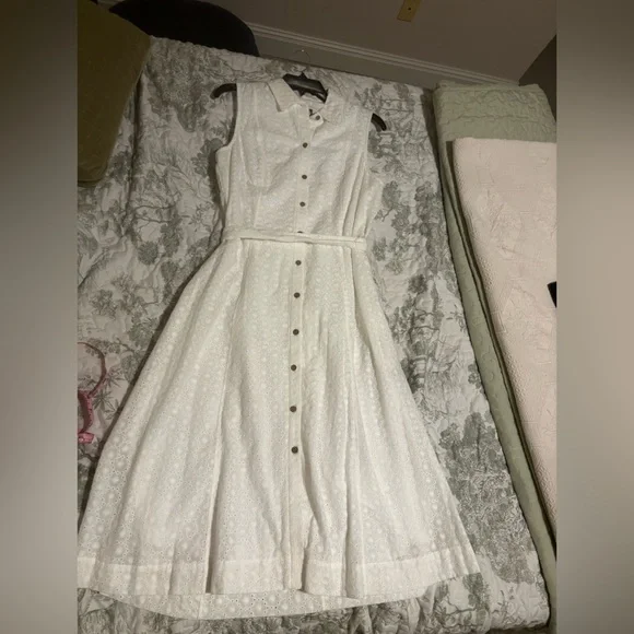 Anne Klein sz 8 white eyelet midi sleeveless sundress collared button front sash - Picture 3 of 12